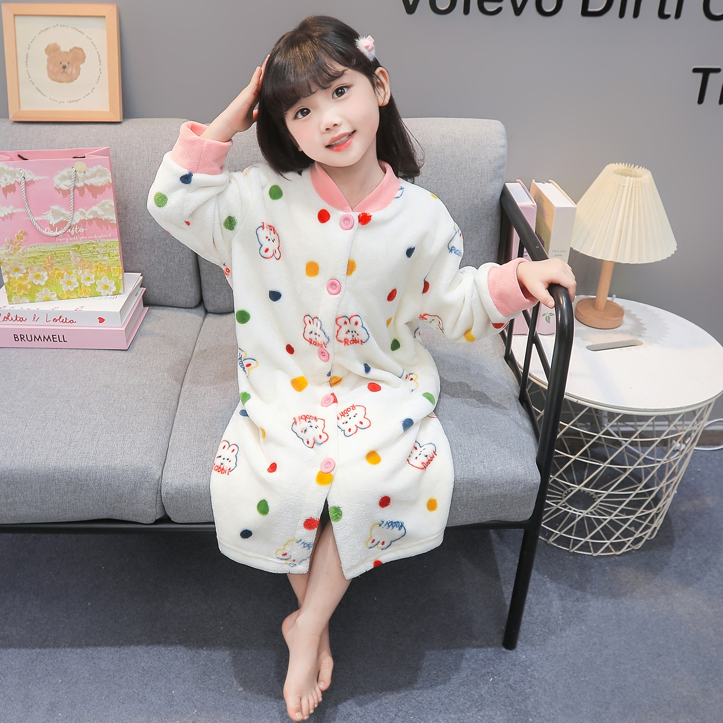 女童睡衣秋冬季法兰绒加厚珊瑚绒2025新款儿童浴袍女宝宝女孩睡袍