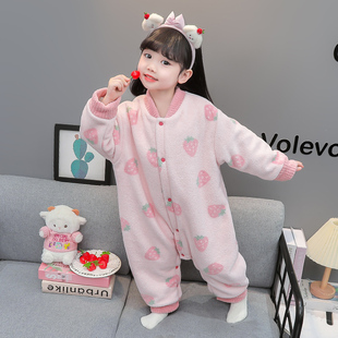 女童连体衣秋冬法兰绒双层加绒女宝宝冬季珊瑚绒加厚睡衣儿童睡袋