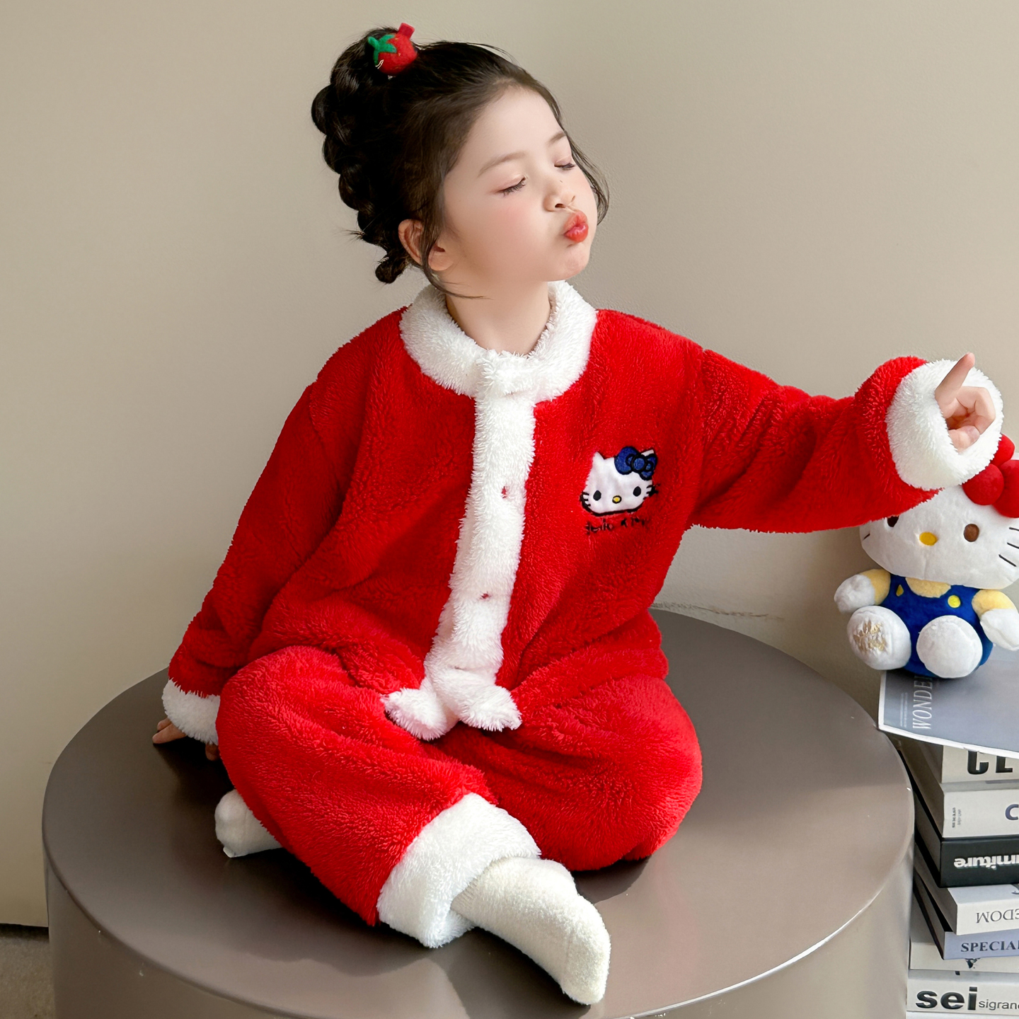 女童法兰绒睡衣套装大红开衫