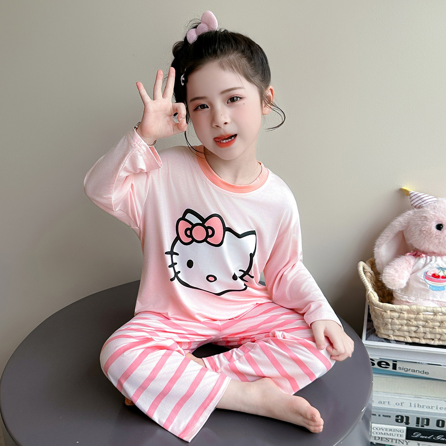 女童睡衣套装薄款春夏季长袖长裤空调服家居服可爱猫咪女宝宝两件