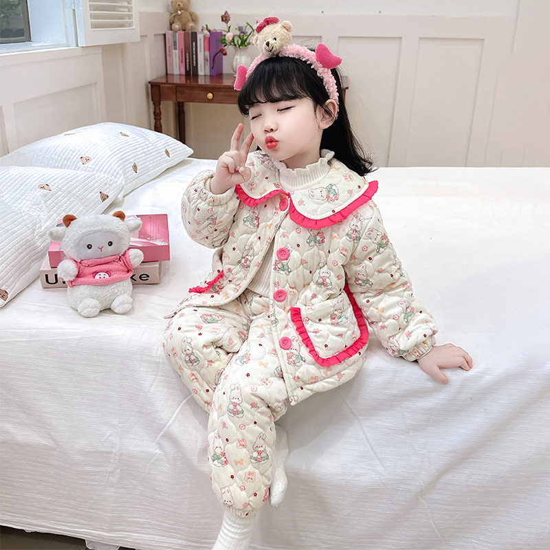 女童睡衣冬季加厚款珊瑚绒三层夹棉秋冬款2025新款儿童女孩家居服