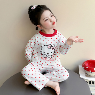 儿童睡衣套装春秋款女童波点KT猫纯棉家居服新款女宝宝休闲空调服