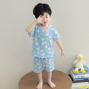 男童睡衣夏季纯棉纱布家居服套装2025新款男孩女宝卡通开衫空调服