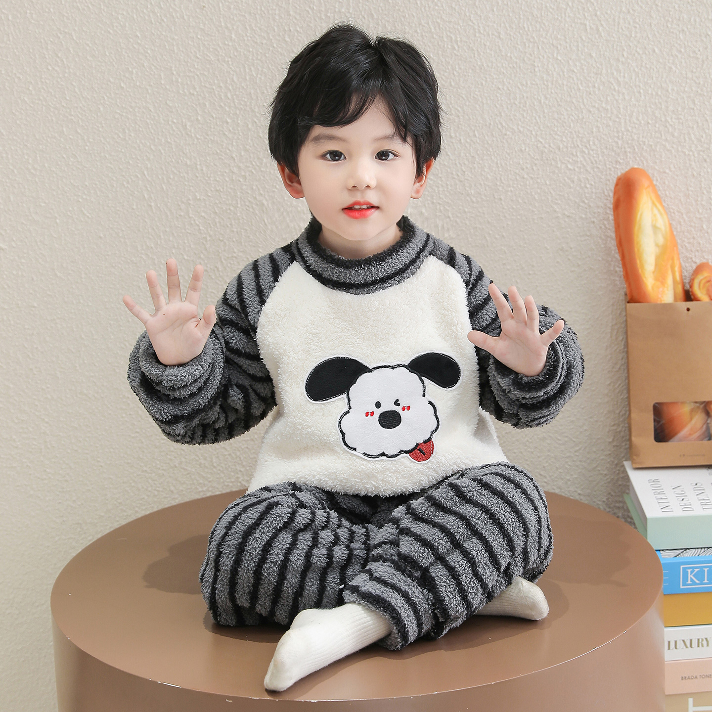 男童条纹睡衣秋冬法兰绒款