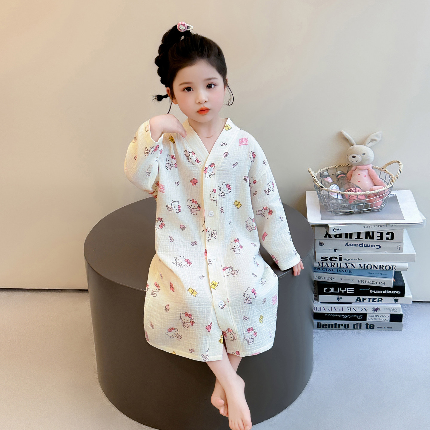 女童睡裙春秋季可爱卡通印花纯棉双纱睡袍女童长袖家居服浴袍新款