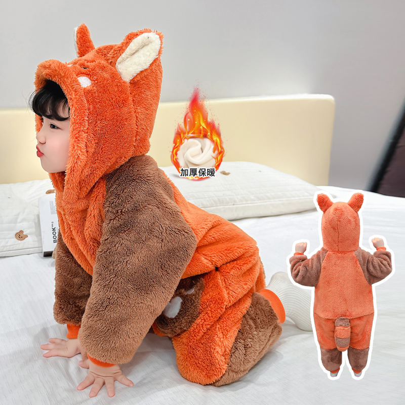 女童睡衣冬季珊瑚绒加厚款法兰绒儿童连体家居服卡通小浣熊造型款