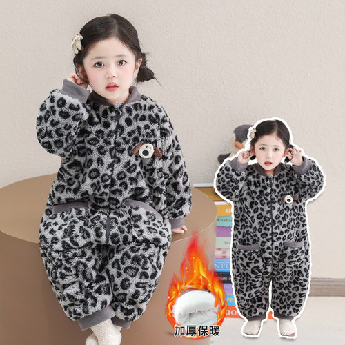 女童珊瑚绒睡衣双层加厚卡通豹纹