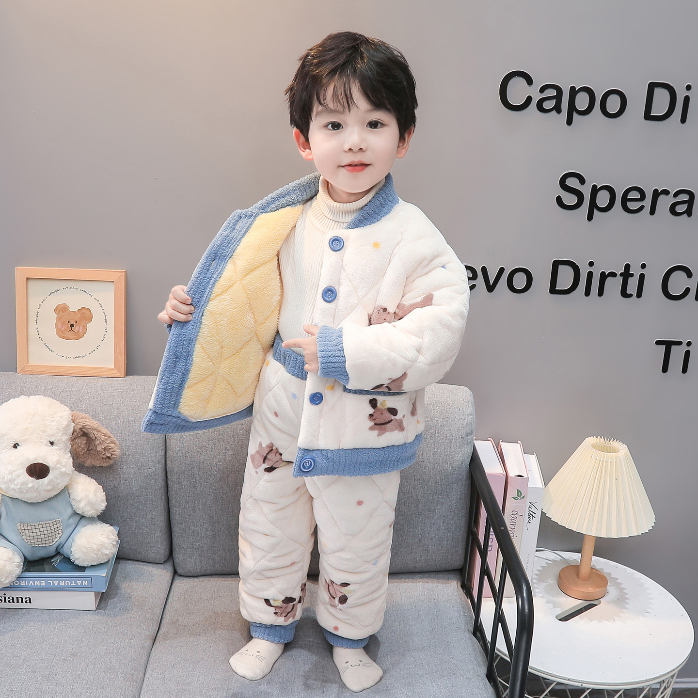 儿童睡衣冬季套装三层加厚夹棉