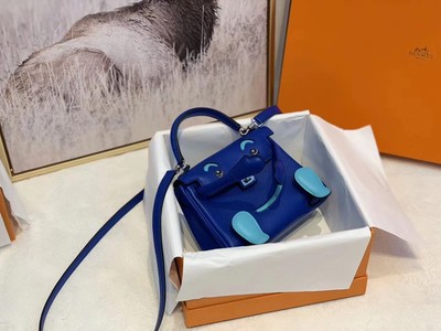 私人订制纯手工进口皮料蜡线缝制h家凯莉千喜娃娃包电光蓝色swift