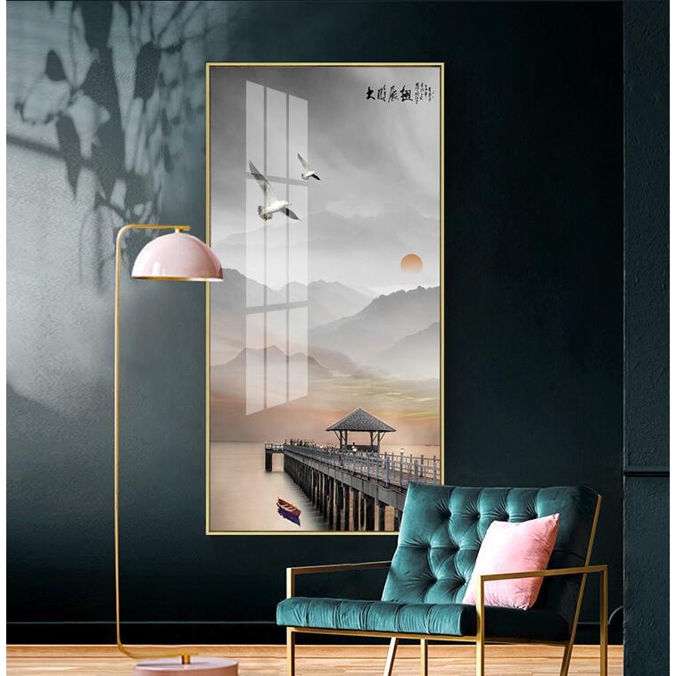 北欧入户玄关装饰画大幅进门壁画走廊过道烤瓷竖版海景晶瓷挂画图片