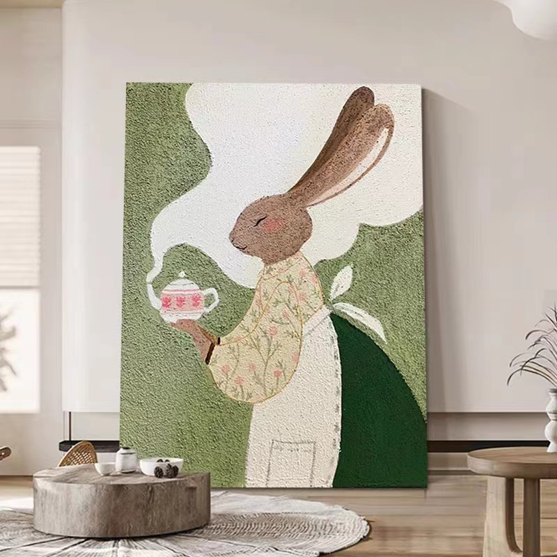 纯手绘卡通白狐装饰画儿童抽象动物油画简约现代挂画公主房间壁画图片