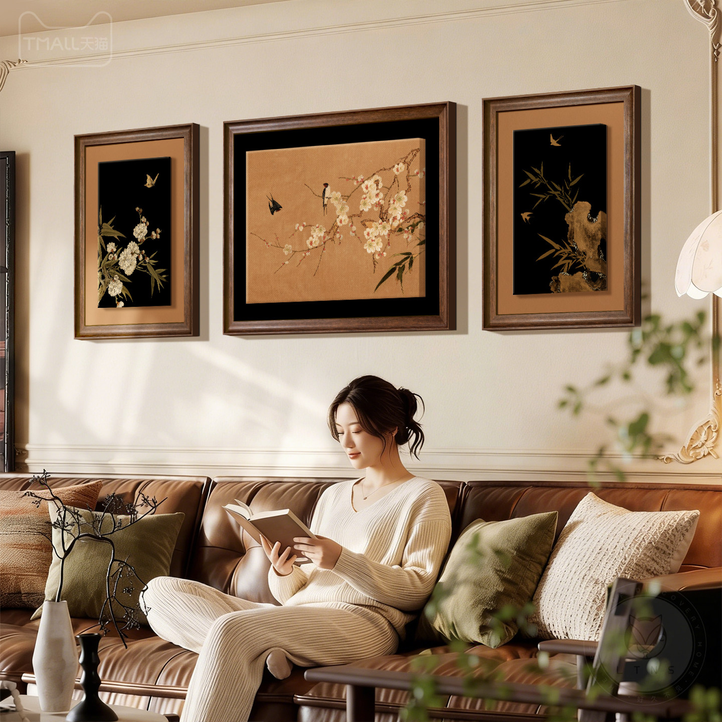 中古风客厅装饰画2026新款高级感沙发背景墙挂画花鸟图案立体壁画