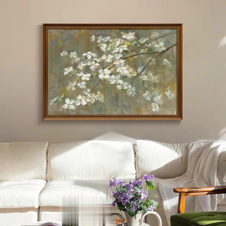 《花满春枝》法式中古风客厅装饰画苹果花卉绿色复古餐厅卧室挂画