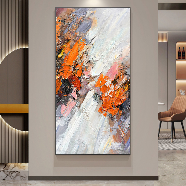 橙色手绘油画入户走廊玄关装饰画酒店餐厅过道轻奢挂画竖版装饰画图片