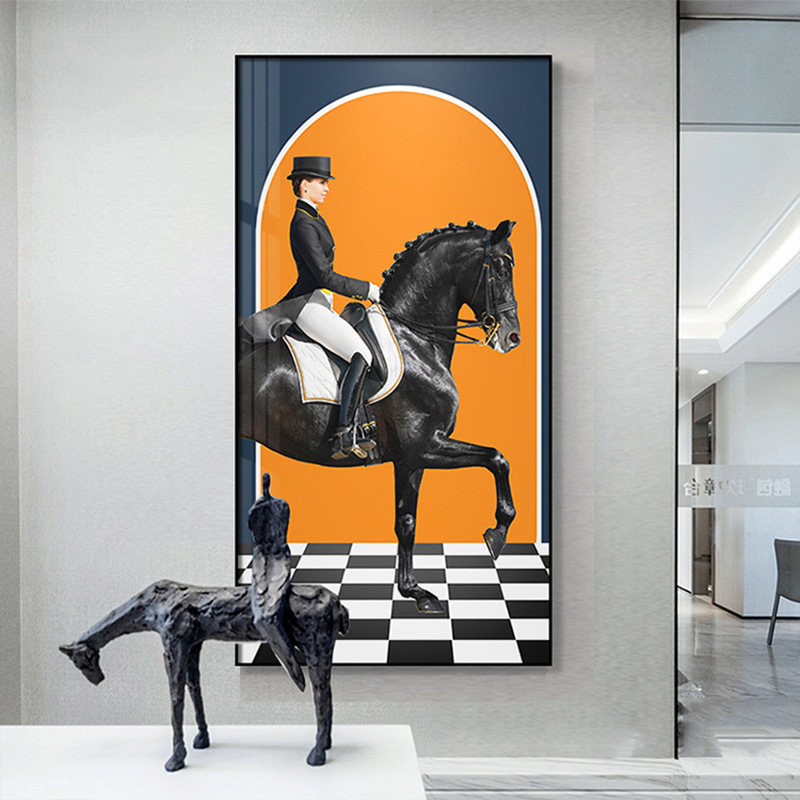 现代玄关装饰画轻奢软装壁画橙色英伦风餐厅马骑士北欧风客厅挂画图片
