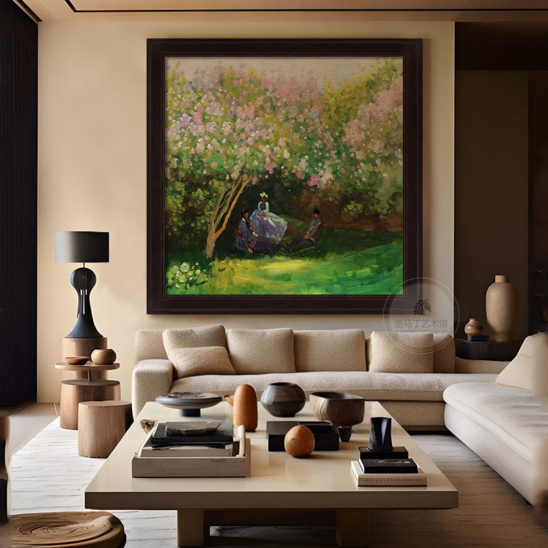 中古风莫奈丁香花玄关挂画美式复古客厅油画法式餐厅卧室装饰画