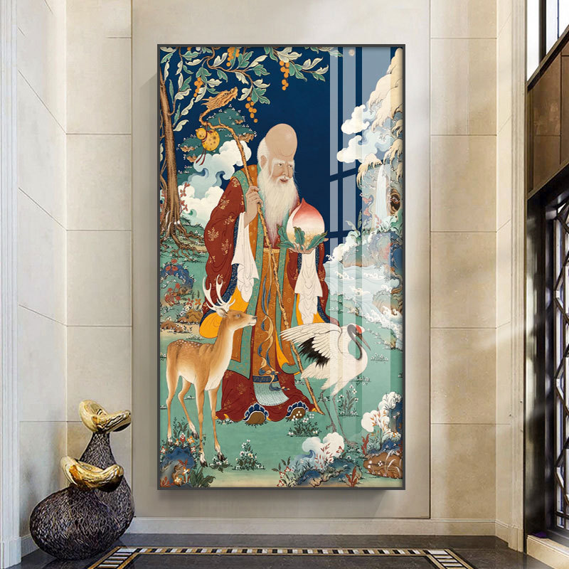 西藏客厅装饰画吉祥四瑞八宝高端晶瓷画长寿老人唐卡装饰画晶瓷画