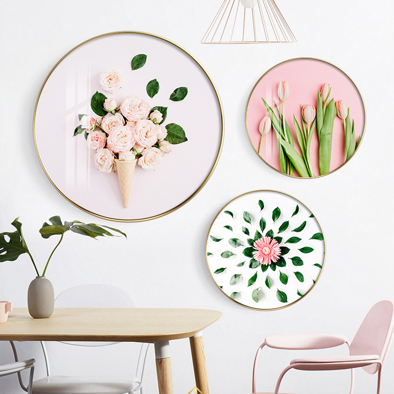 圆形装饰画创意饭桌玄关走廊挂画北欧客厅壁画花卉餐厅饭厅挂画图片