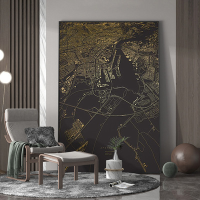 现代轻奢客厅玄关装饰画黑色金工业风城市区位图背景墙壁竖版挂画