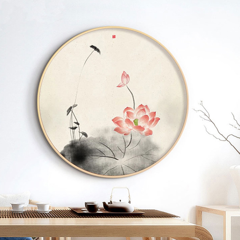 荷花禅意新中式玄关走廊装饰画茶室卧室床头壁画客厅过道圆形挂画图片