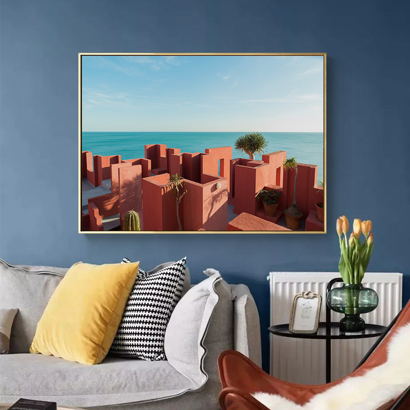 北欧现代抽象装饰画海景餐厅挂画走廊艺术小众莫兰迪色风景壁画图片