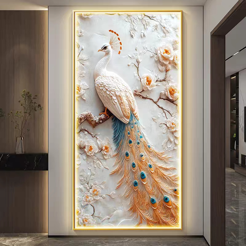 轻奢孔雀玄关装饰画立体高级感入户正对门挂画走廊过道墙壁画灯画图片