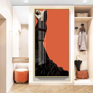 现代简约玄关过道装 壁画 饰画抽象画走廊尽头轻奢挂画橙色客厅竖版