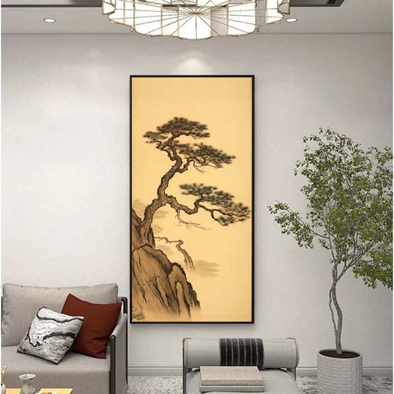 新中式竖款走廊过道玄关松树禅意装饰画侘寂茶室挂画复古民宿壁画图片
