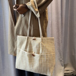 浏阳夏布黄白格纹手织土布单肩包托特包休闲非遗