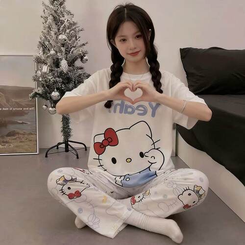 HelloKitty凯蒂猫短袖长裤睡衣女夏季新款可外穿家居服套装两件套