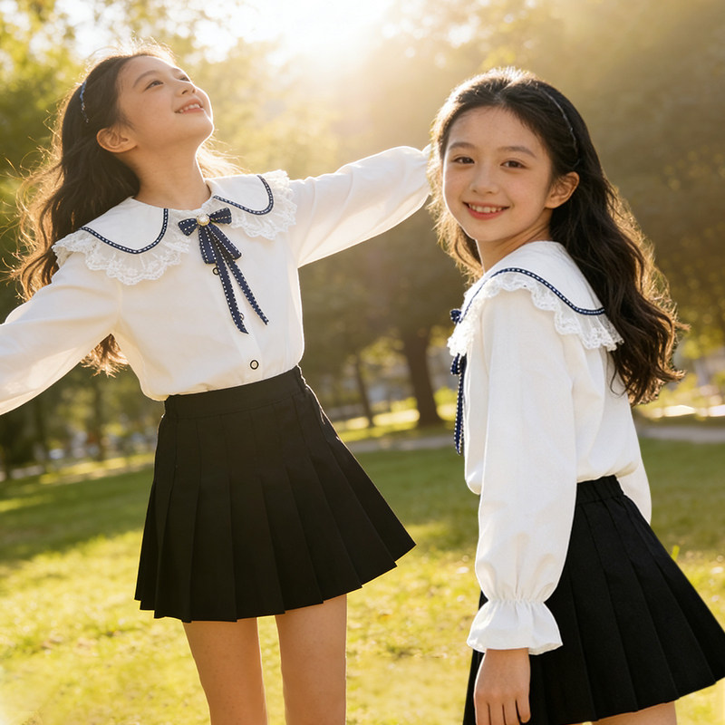 女童纯棉娃娃领春长袖衬衫套装裙图片