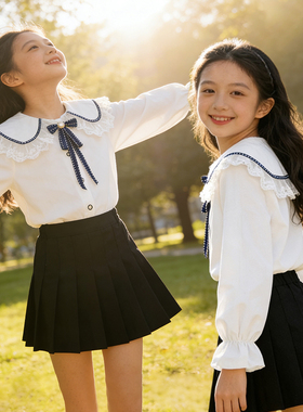 女童纯棉娃娃领长袖衬衫2026春装新款洋气大儿童公主白色上衣短裙