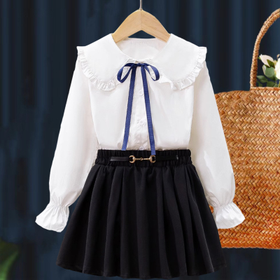 女童秋装纯棉学院衬衫2025新款中大童娃娃领长袖春秋儿童打底衬衣