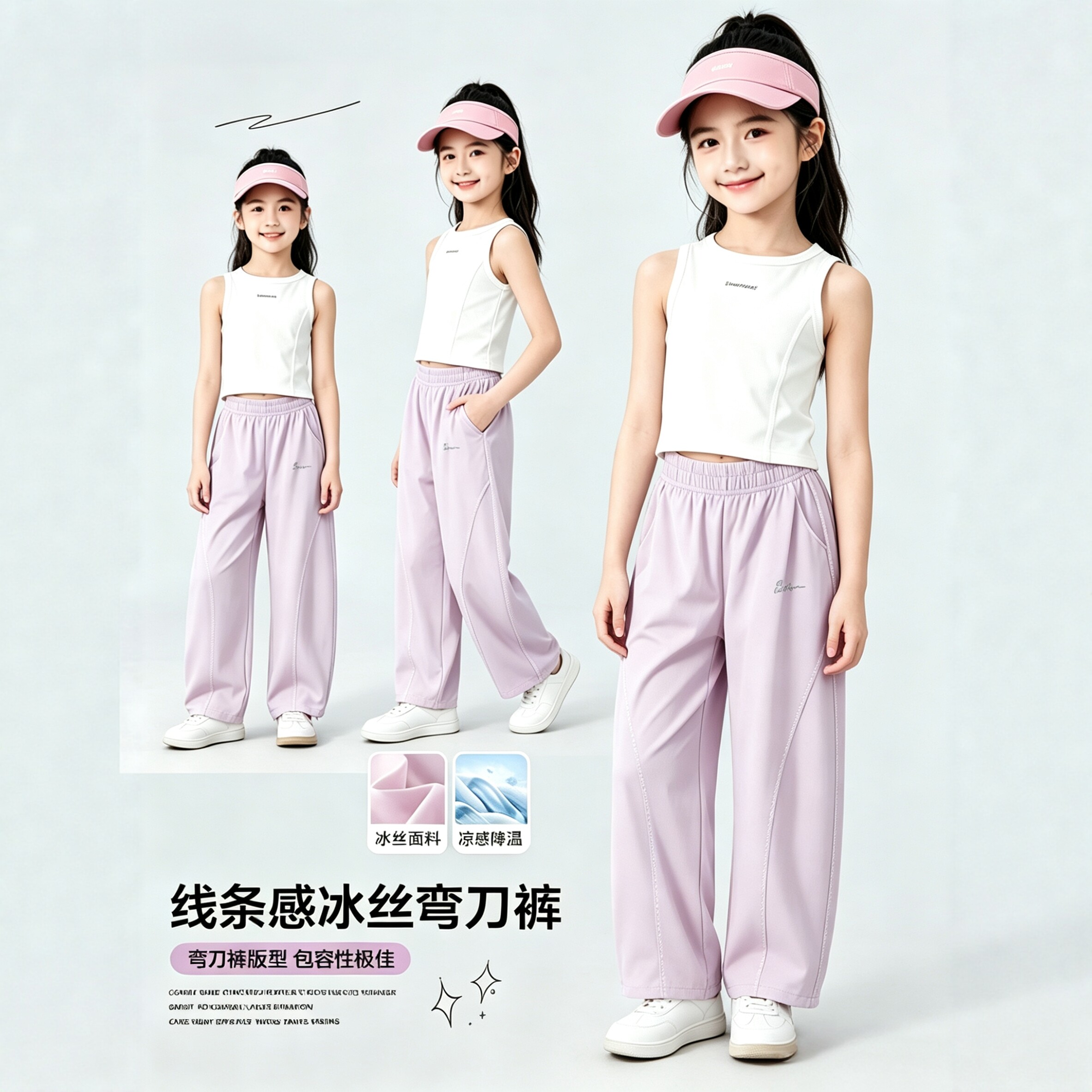 女童裤子夏季2026新款洋气大童冰丝速干弯刀裤儿童运动阔腿防蚊裤
