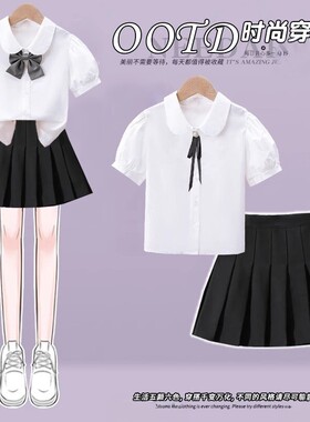 女童夏季短袖白色纯棉衬衫学生毕业儿童学院风百褶裙jk校服套装裙
