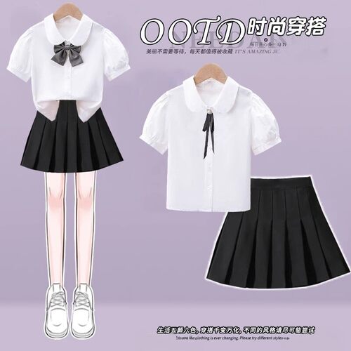 女童夏季短袖白色纯棉衬衫学生毕业儿童学院风百褶裙jk校服套装裙 - 封面