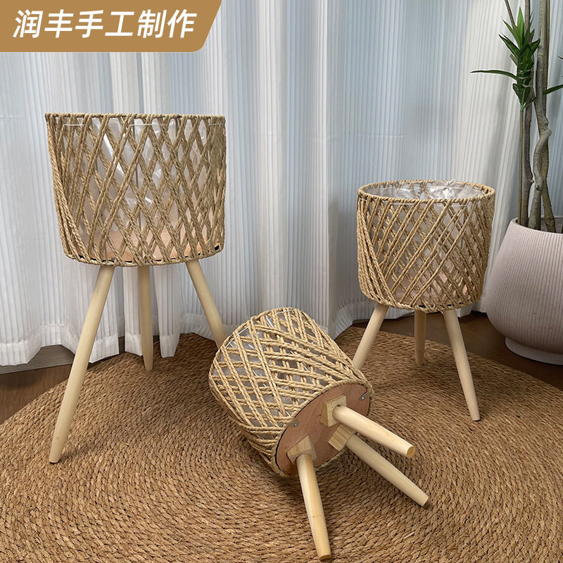 跨境批发编织花架仿藤高脚三脚架客厅落地式置物架阳台编织花篮