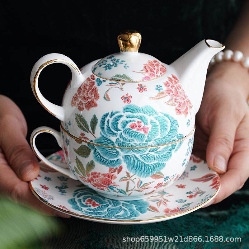 英式下午茶具国风子母壶一壶一杯碟复古仿刺绣陶瓷下午茶杯套装