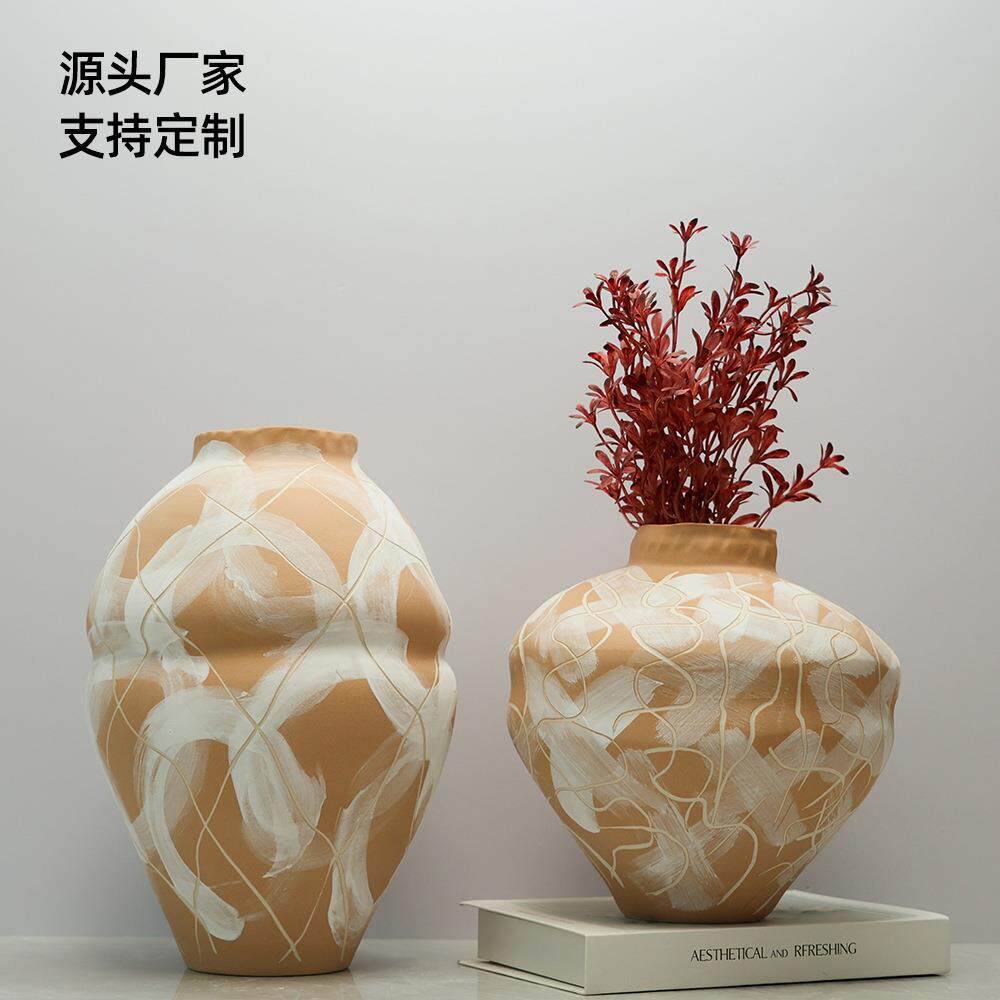 复古风陶瓷花瓶设计师样板房软装创意插干花装饰品手绘台面摆件