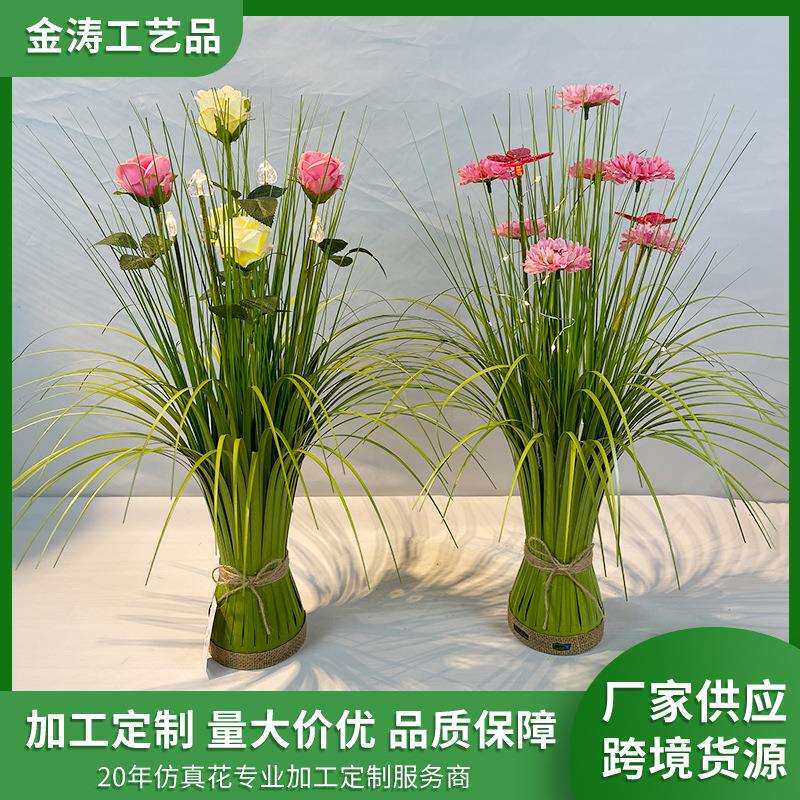 带LED灯玫瑰花草柱仿真植物盆景北欧装饰盆栽室内落地创意绿植