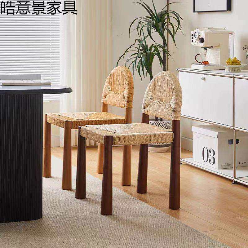 复古实木水草编织藤椅设计师民宿餐厅藤编家用实木椅子中古风餐椅