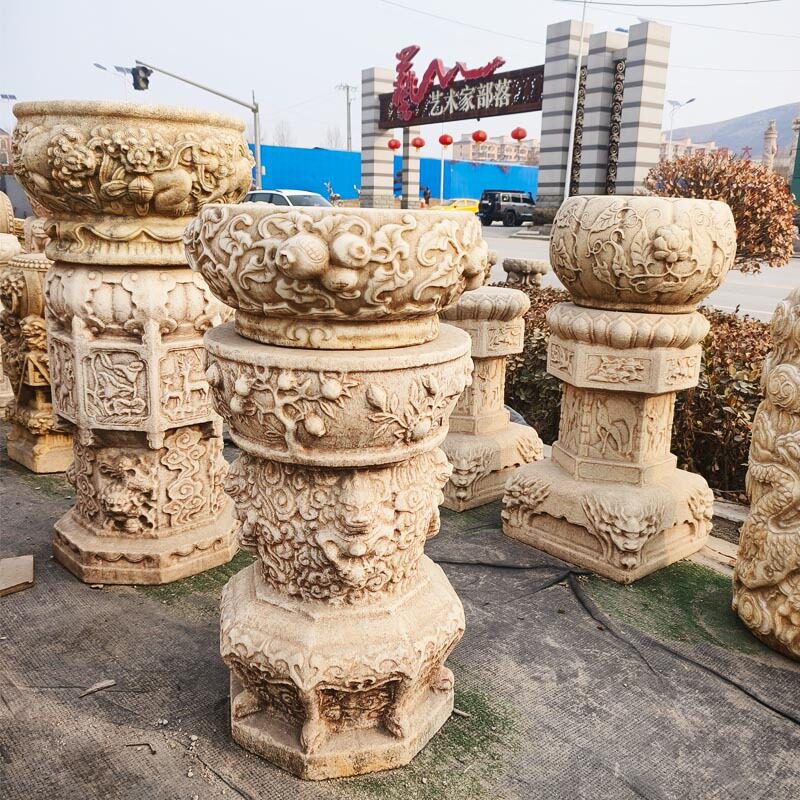 石雕花架汉白玉中式仿古做旧石头摆件花架青石做旧户外石材花盆架