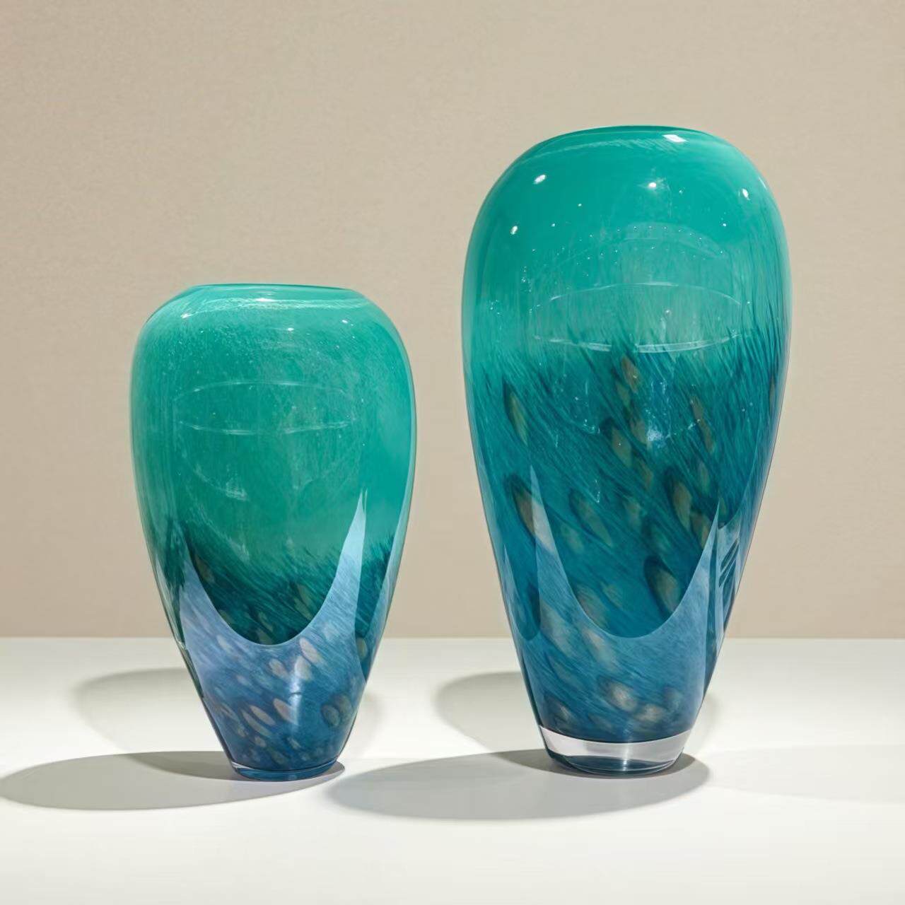现代轻奢孔雀蓝玻璃花瓶摆件客厅插花客厅玄关样板间售楼部花器