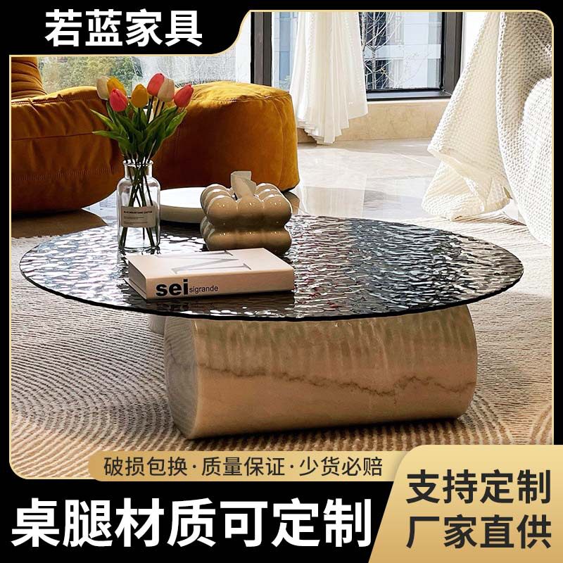 意式轻奢水波纹圆形玻璃茶几设计师北欧创意个性白岩板大小茶几桌