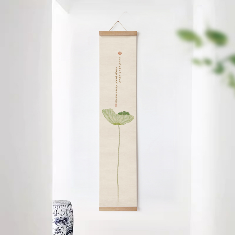 新中式禅意荷花背景墙装饰画卷轴画莲蓬经文花鸟茶室竖长挂轴画图片