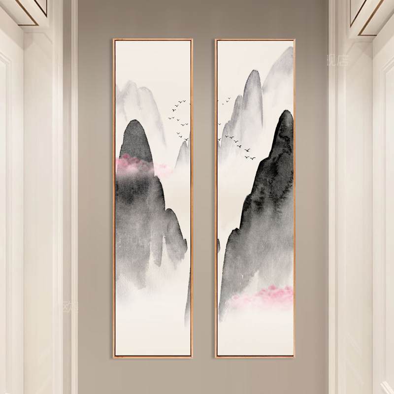 水墨宣言 新中式简约泼墨山水装饰画玄关竖长条挂画禅意壁画