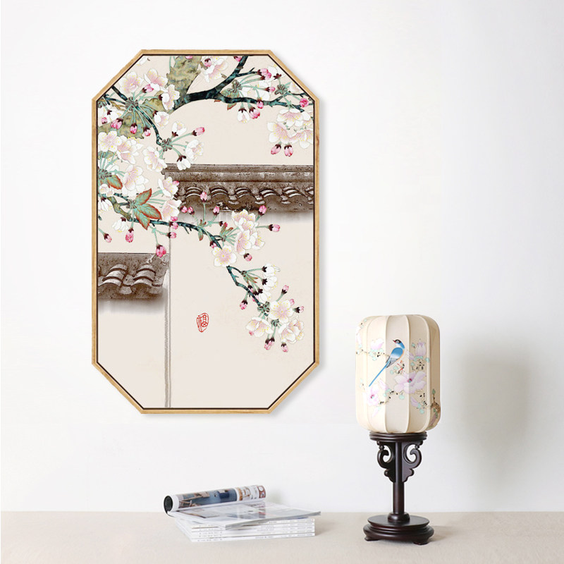 新中式客厅花鸟古风装饰画 八角形挂画书房茶室背景墙画 玄关壁画