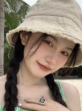 毛边渔夫帽女夏天ins日系遮阳防晒太阳帽遮脸韩版潮帽子女水桶帽