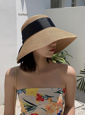 帽子女沙滩草帽韩版潮百搭日系夏季遮阳防晒小清新蝴蝶结大帽檐
