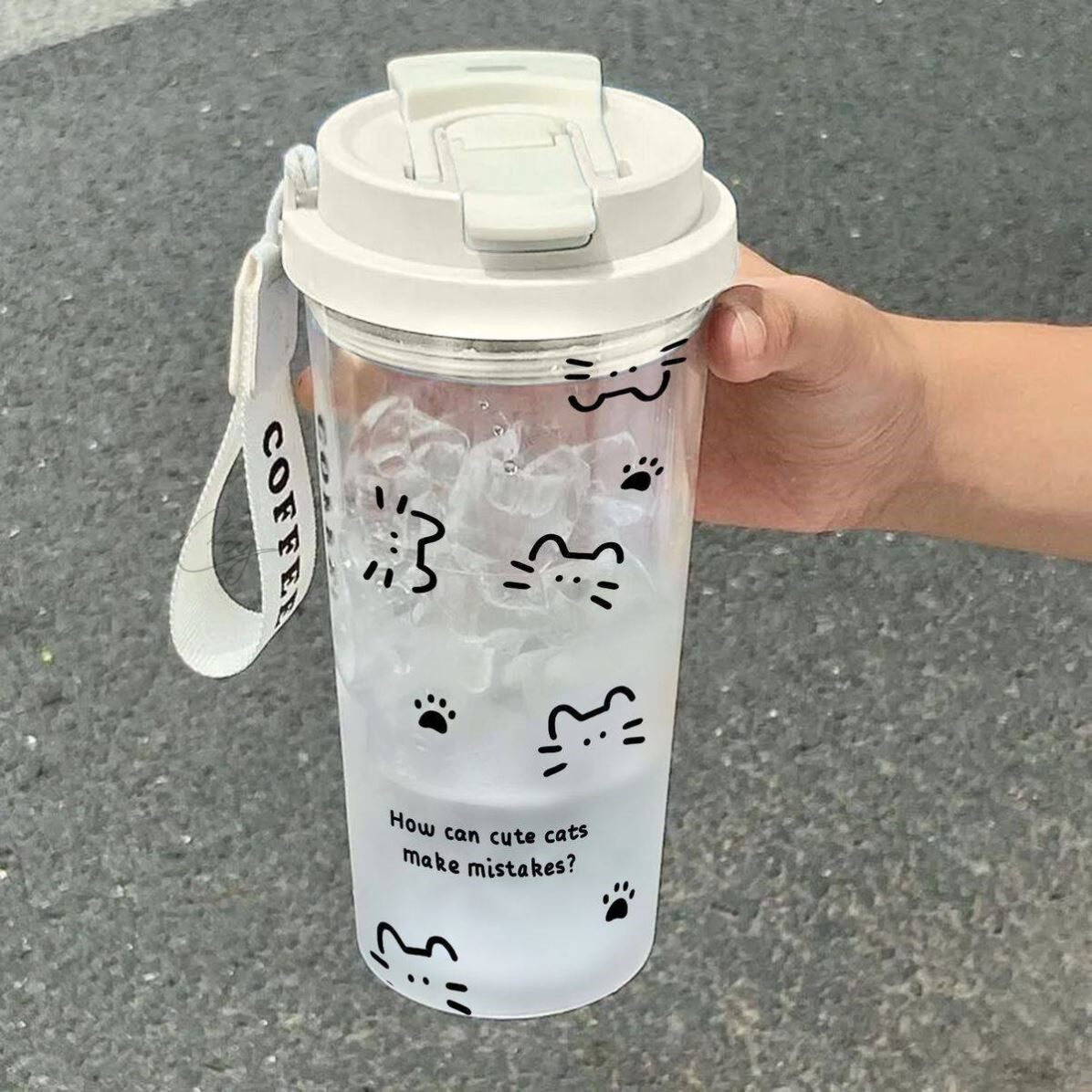 线条猫咪新款水杯运动耐高温学生杯子ins高颜值防摔塑料杯